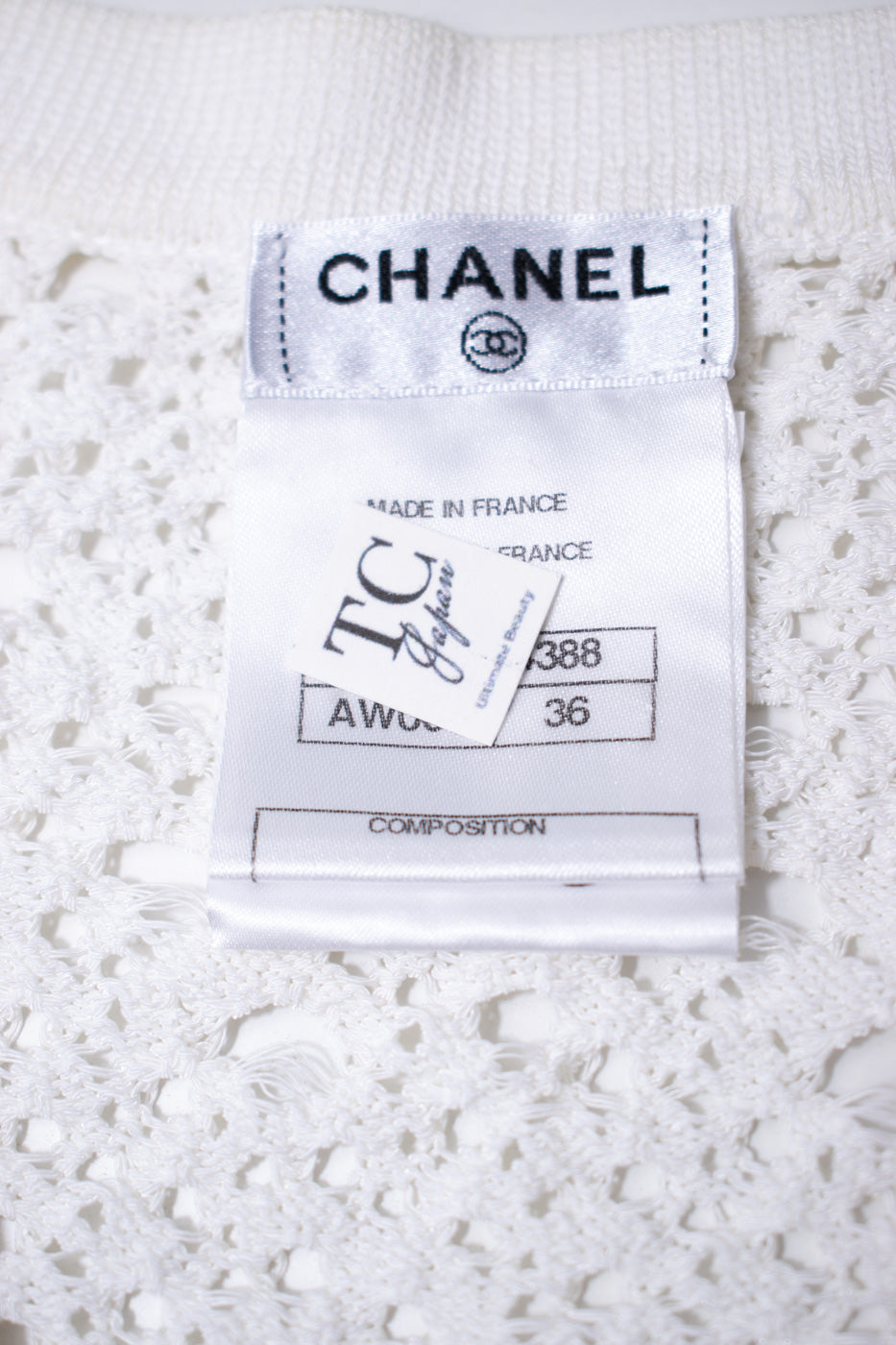 シャネル カーディガン CHANEL ホワイト コットン アイレット Vネック