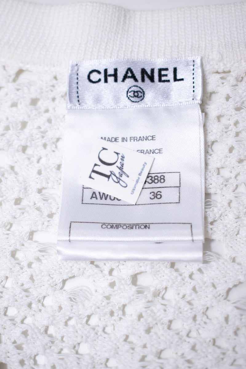 CHANEL 12S White Cotton Eye-let V-Neck Knit Cardigan 34 36 シャネル ホワイト コットン アイレット Vネック ニット カーディガン 即発