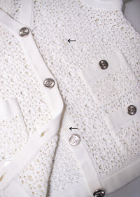 CHANEL 12S White Cotton Eye-let V-Neck Knit Cardigan 34 36 シャネル ホワイト コットン アイレット Vネック ニット カーディガン 即発