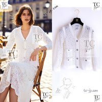 CHANEL 12S White Cotton Eye-let V-Neck Knit Cardigan 34 36 シャネル ホワイト コットン アイレット Vネック ニット カーディガン 即発