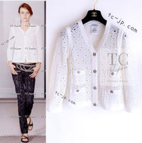 CHANEL 12S White Cotton Eye-let V-Neck Knit Cardigan 38 シャネル ホワイト コットン アイレット Vネック ニット カーディガン 即発