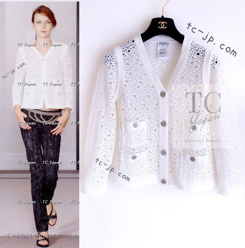 CHANEL 12S White Cotton Eye-let V-Neck Knit Cardigan 38 シャネル ホワイト コットン アイレット Vネック ニット カーディガン 即発