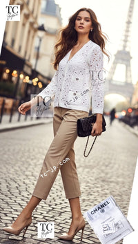 CHANEL 12S White Cotton Eye-let V-Neck Knit Cardigan 34 36 シャネル ホワイト コットン アイレット Vネック ニット カーディガン 即発