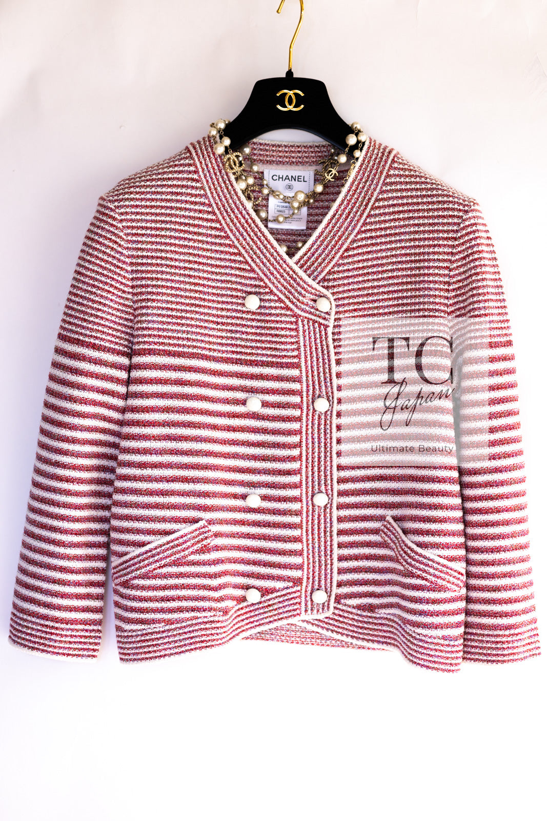 CHANEL 15S Red White Stripe Knit Cardigan 36 38 シャネル レッド ホワイト ストライプ ニット カーディガン 即発
