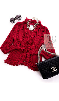 CHANEL 04S Red Crochet Frilled Knit Cardigan 34 38 40 シャネル レッド クロシェ フリル ニット カーディガン 即発