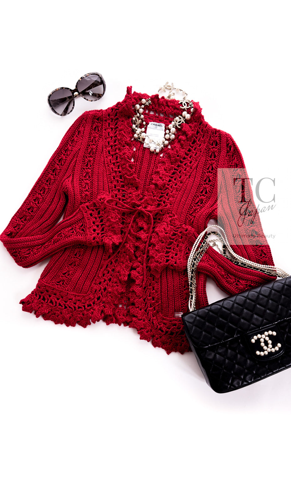 CHANEL 04S Red Crochet Frilled Knit Cardigan 34 38 40 シャネル レッド クロシェ フリル ニット カーディガン 即発