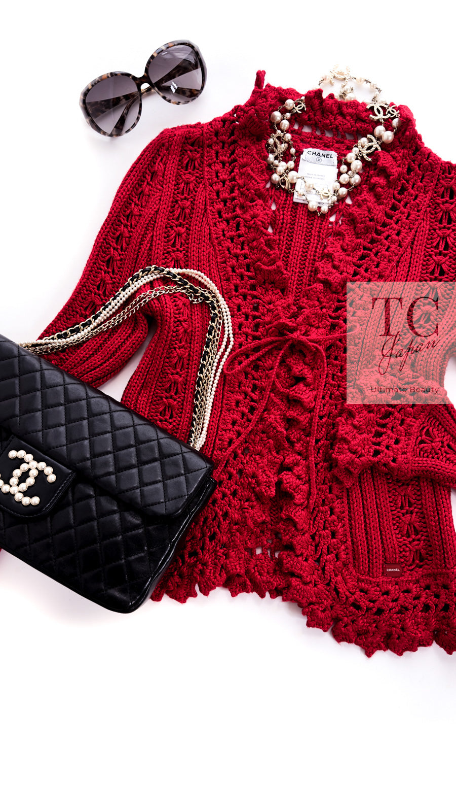 CHANEL 04S Red Crochet Frilled Knit Cardigan 34 38 40 シャネル レッド クロシェ フリル ニット カーディガン 即発
