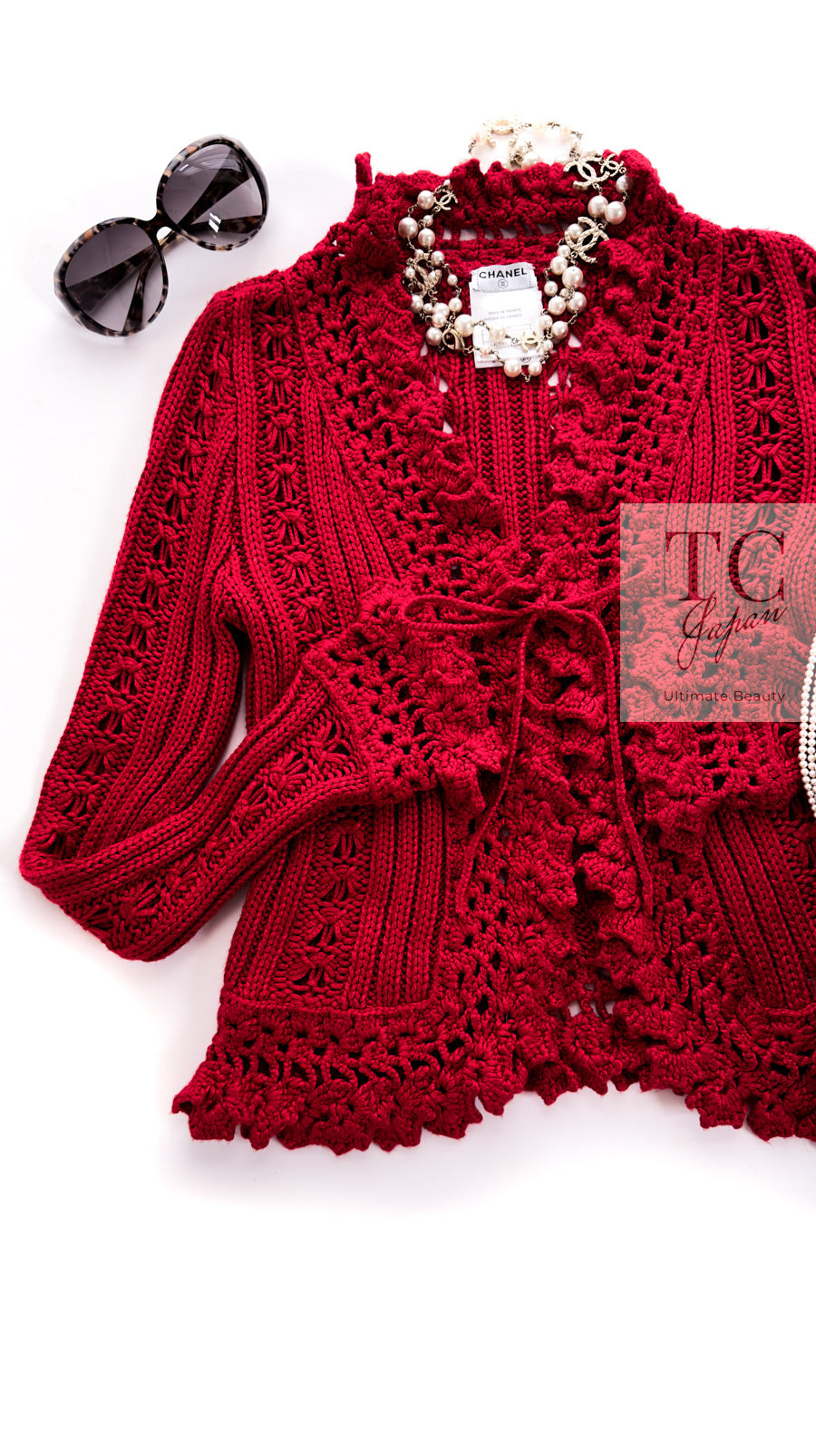シャネル カーディガン CHANEL レッド クロシェ フリル ニット 04S Red