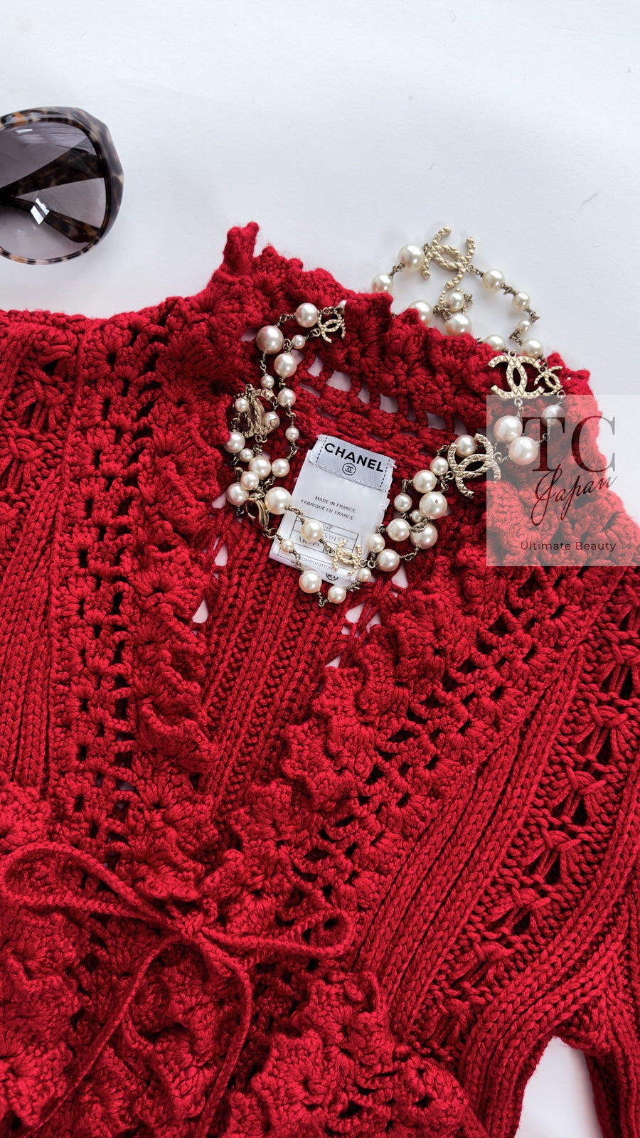 CHANEL 04S Red Crochet Frilled Knit Cardigan 34 38 40 シャネル レッド クロシェ フリル ニット カーディガン 即発