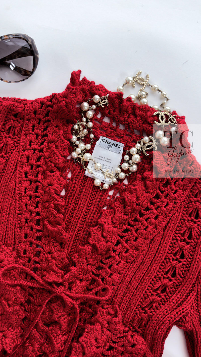 CHANEL 04S Red Crochet Frilled Knit Cardigan 34 38 40 シャネル レッド クロシェ フリル ニット カーディガン 即発