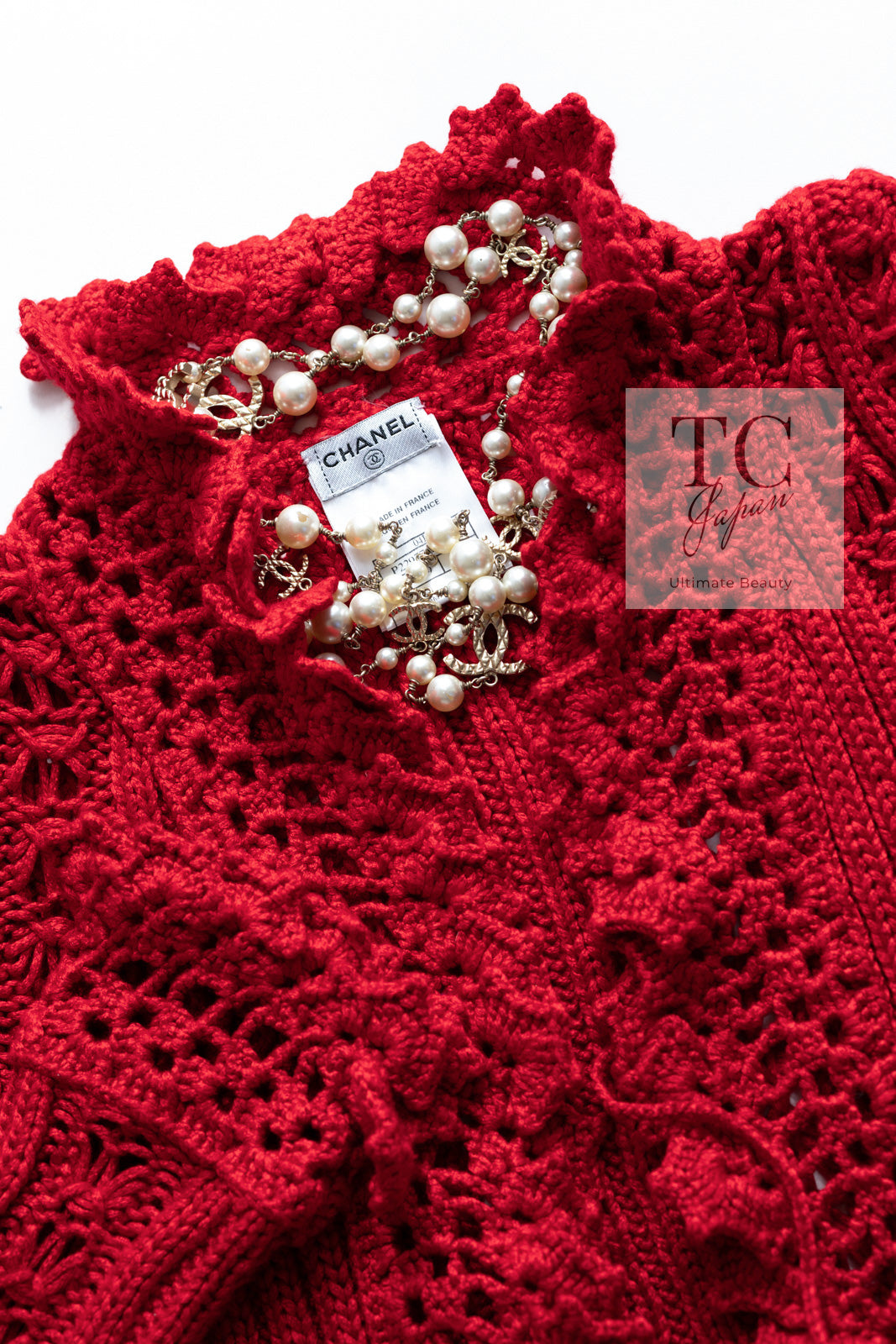 CHANEL 04S Red Crochet Frilled Knit Cardigan 34 38 40 シャネル レッド クロシェ フリル ニット カーディガン 即発