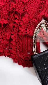 CHANEL 04S Red Crochet Frilled Knit Cardigan 34 38 40 シャネル レッド クロシェ フリル ニット カーディガン 即発