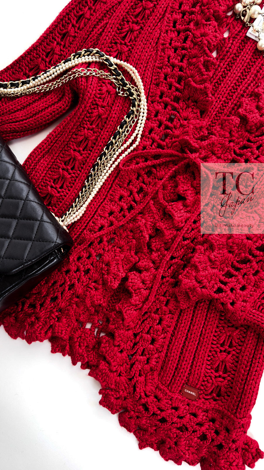 シャネル カーディガン CHANEL レッド クロシェ フリル ニット 04S Red