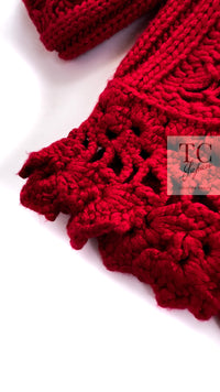 CHANEL 04S Red Crochet Frilled Knit Cardigan 34 38 40 シャネル レッド クロシェ フリル ニット カーディガン 即発