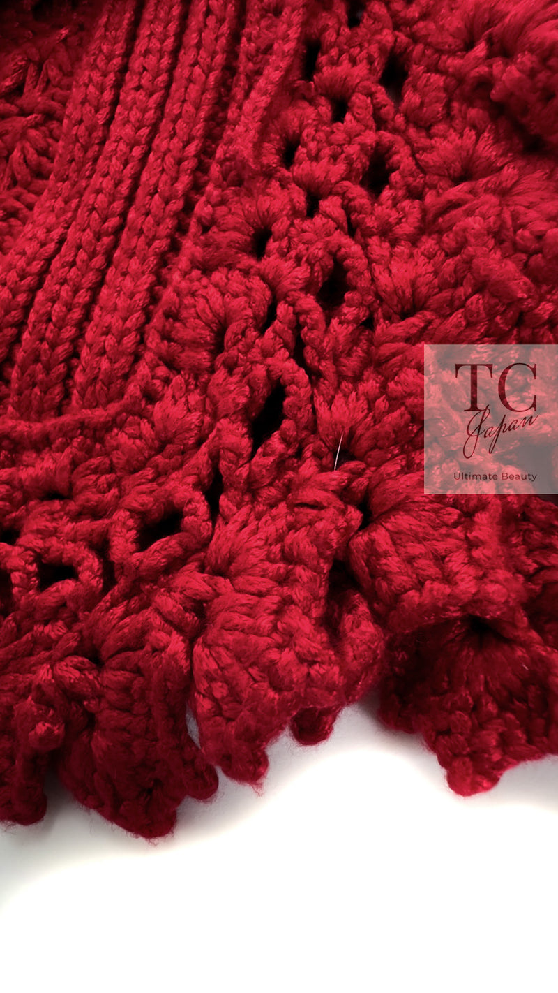 CHANEL 04S Red Crochet Frilled Knit Cardigan 34 38 40 シャネル レッド クロシェ フリル ニット カーディガン 即発