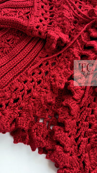 CHANEL 04S Red Crochet Frilled Knit Cardigan 34 38 40 シャネル レッド クロシェ フリル ニット カーディガン 即発