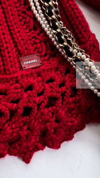 CHANEL 04S Red Crochet Frilled Knit Cardigan 34 38 40 シャネル レッド クロシェ フリル ニット カーディガン 即発