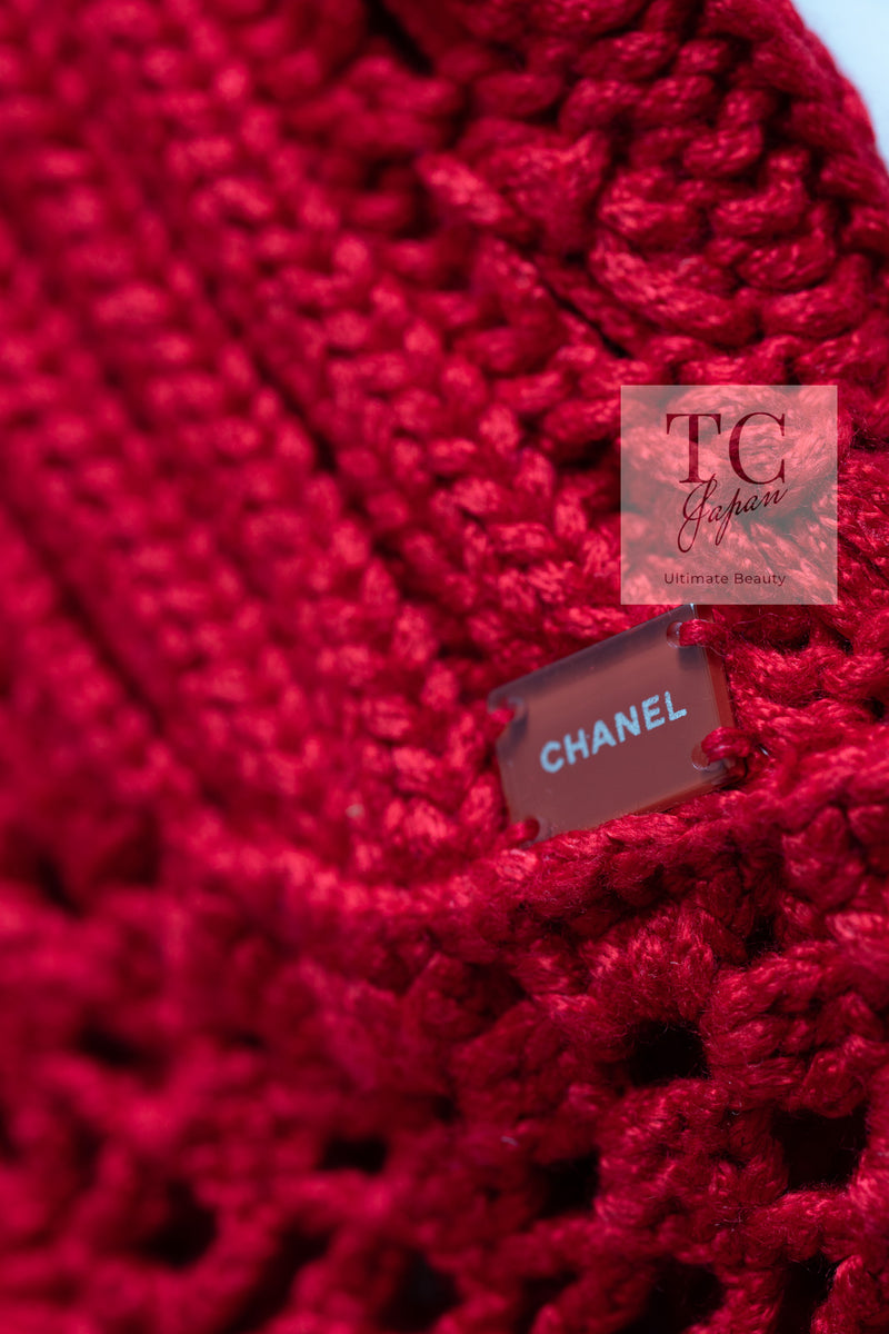 CHANEL 04S Red Crochet Frilled Knit Cardigan 34 38 40 シャネル レッド クロシェ フリル ニット カーディガン 即発