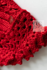 CHANEL 04S Red Crochet Frilled Knit Cardigan 34 38 40 シャネル レッド クロシェ フリル ニット カーディガン 即発