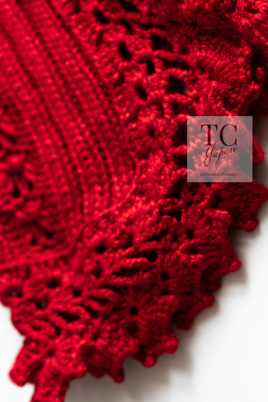 シャネル カーディガン CHANEL レッド クロシェ フリル ニット 04S Red