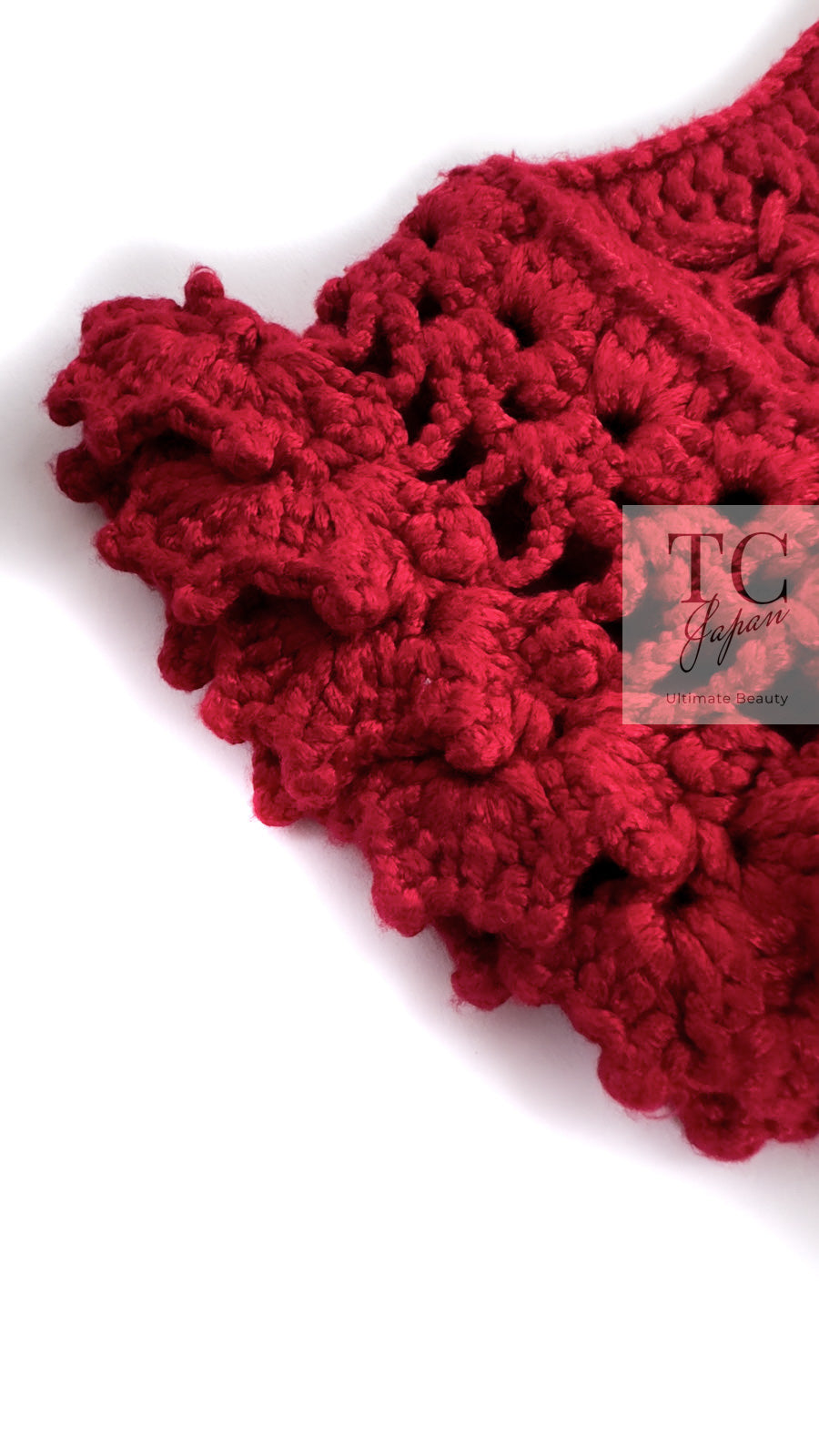 シャネル カーディガン CHANEL レッド クロシェ フリル ニット 04S Red
