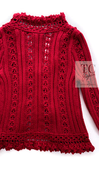 CHANEL 04S Red Crochet Frilled Knit Cardigan 34 38 40 シャネル レッド クロシェ フリル ニット カーディガン 即発