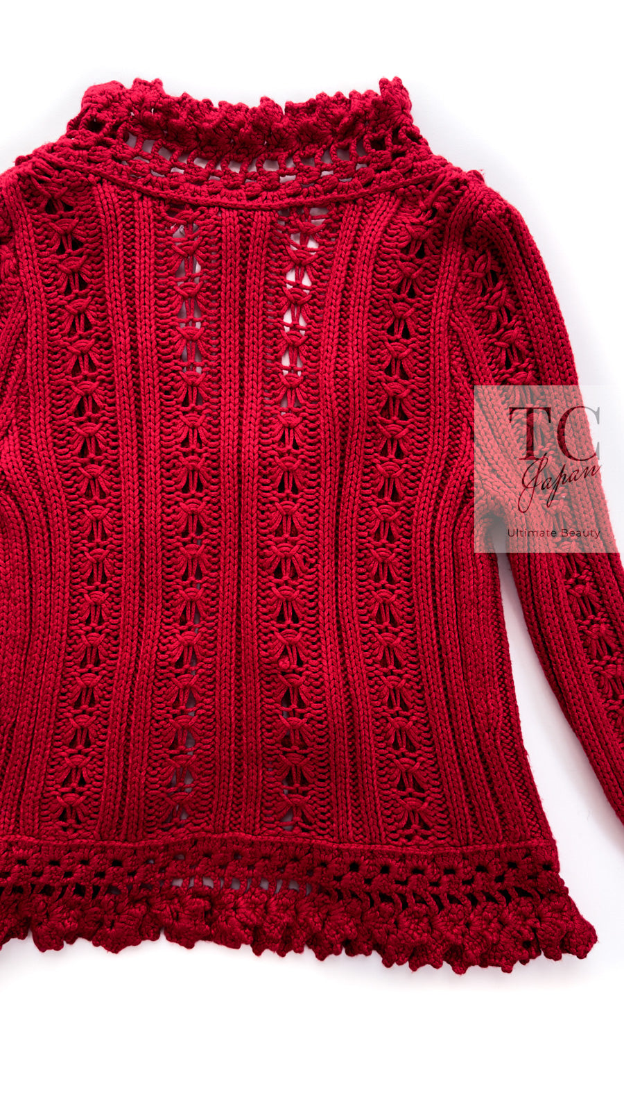 CHANEL 04S Red Crochet Frilled Knit Cardigan 34 38 40 シャネル レッド クロシェ フリル ニット カーディガン 即発