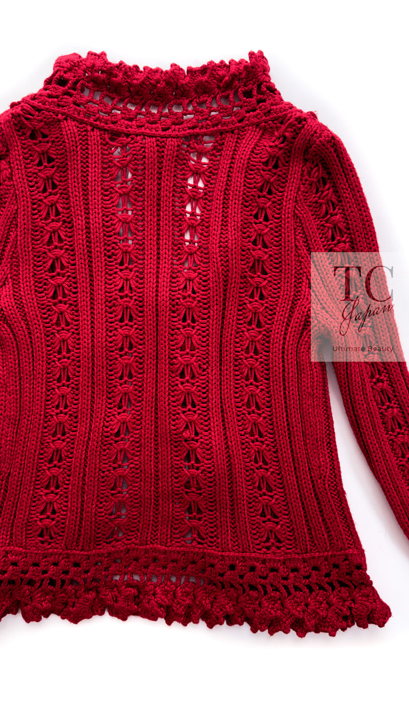 CHANEL 04S Red Crochet Frilled Knit Cardigan 34 38 40 シャネル レッド クロシェ フリル ニット カーディガン 即発
