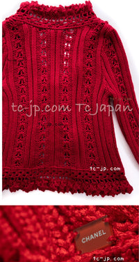 CHANEL 04S Red Crochet Frilled Knit Cardigan 34 38 40 シャネル レッド クロシェ フリル ニット カーディガン 即発
