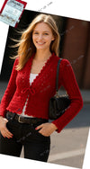 CHANEL 04S Red Crochet Frilled Knit Cardigan 34 38 40 シャネル レッド クロシェ フリル ニット カーディガン 即発