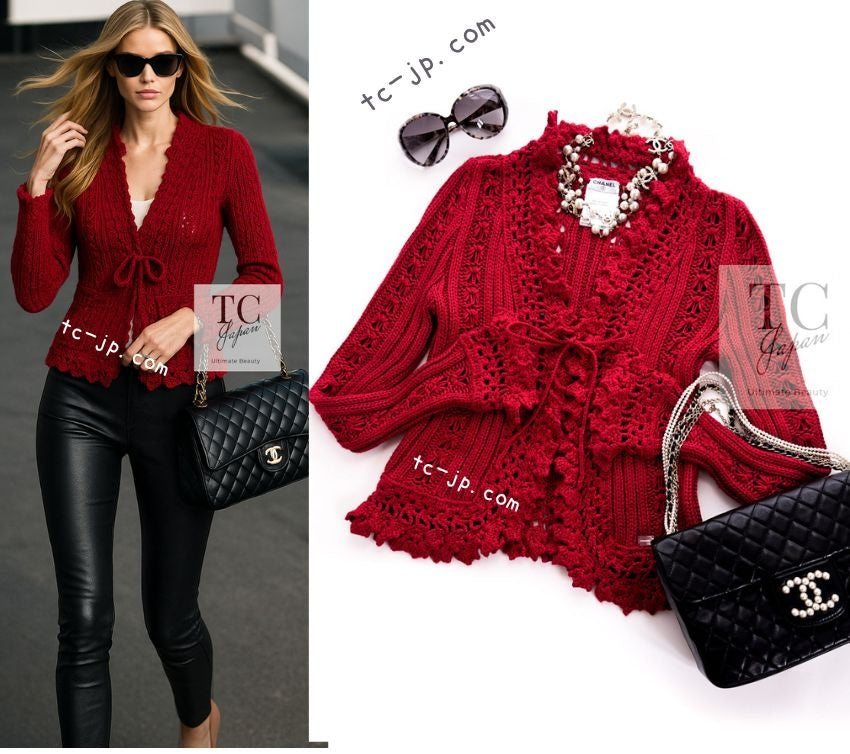 CHANEL 04S Red Crochet Frilled Knit Cardigan 34 38 40 シャネル レッド クロシェ フリル ニット カーディガン 即発