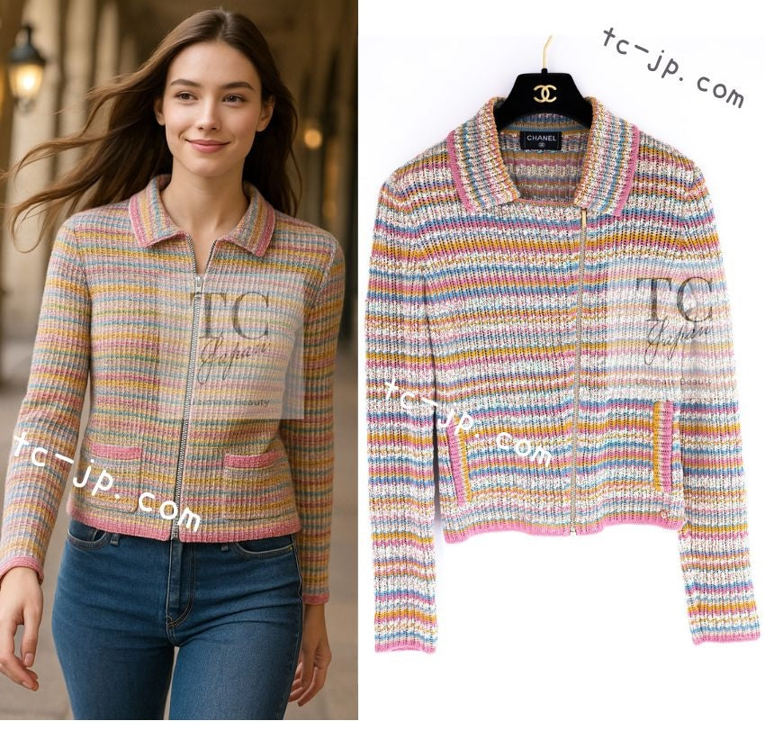 CHANEL 17C Marigold Creme Cotton Knit Biker Jacket Cardigan 38 シャネル マリゴールド クリーム コットン ニット ライダース ジャケット カーディガン 即発