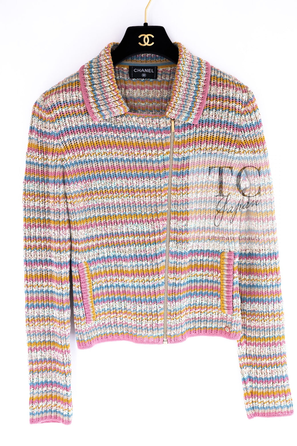 CHANEL 17C Marigold Creme Cotton Knit Biker Jacket Cardigan 38 シャネル マリゴールド クリーム コットン ニット ライダース ジャケット カーディガン 即発