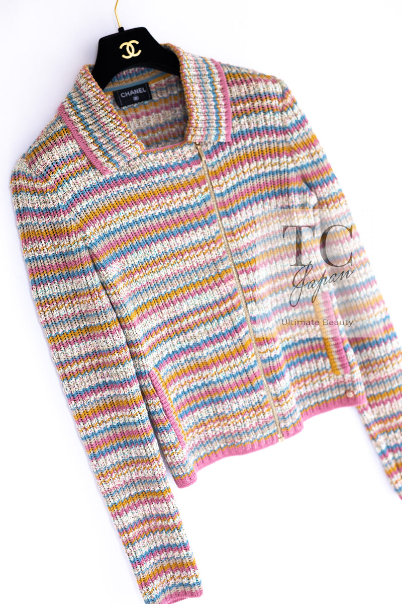 CHANEL 17C Marigold Creme Cotton Knit Biker Jacket Cardigan 38 シャネル マリゴールド クリーム コットン ニット ライダース ジャケット カーディガン 即発