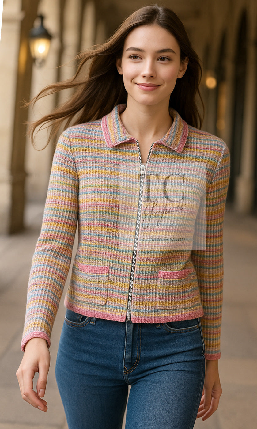 CHANEL 17C Marigold Creme Cotton Knit Biker Jacket Cardigan 38 シャネル マリゴールド クリーム コットン ニット ライダース ジャケット カーディガン 即発