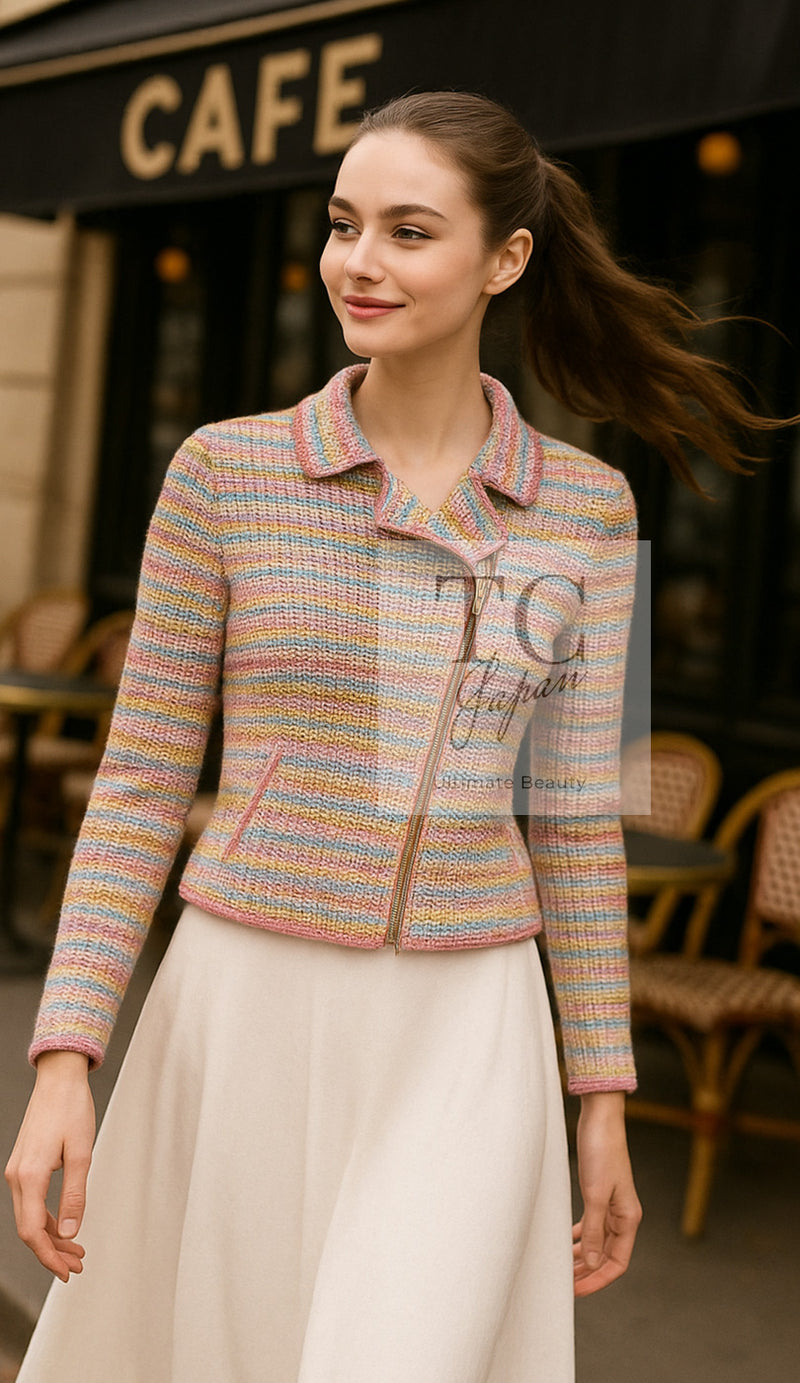 CHANEL 17C Marigold Creme Cotton Knit Biker Jacket Cardigan 38 シャネル マリゴールド クリーム コットン ニット ライダース ジャケット カーディガン 即発
