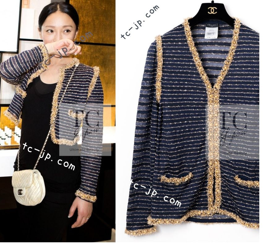 CHANEL 15C Navy Gold Metallic Pearl Trim Jacket Cardigan 42 シャネル ネイビー ゴールド メタリック パール トリミング ジャケット カーディガン 即発