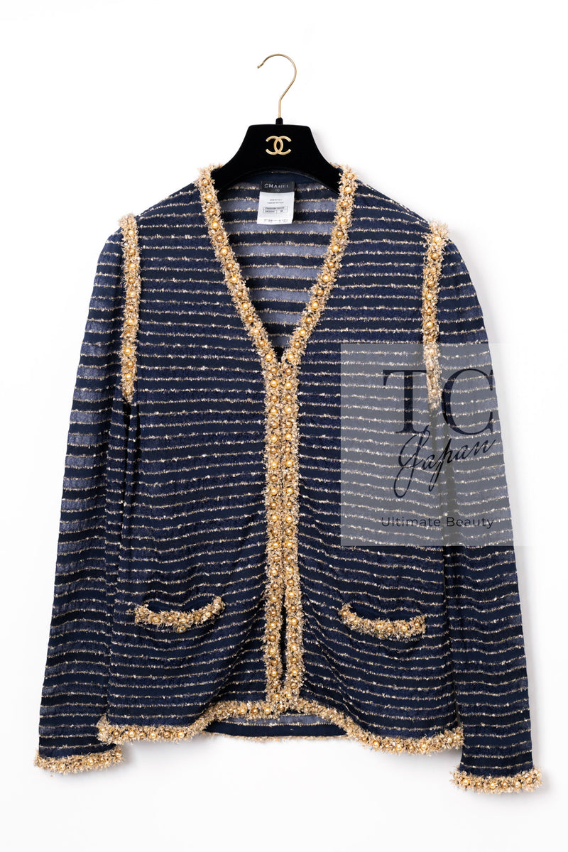 CHANEL 15C Navy Gold Metallic Pearl Trim Jacket Cardigan 42 シャネル ネイビー ゴールド メタリック パール トリミング ジャケット カーディガン 即発