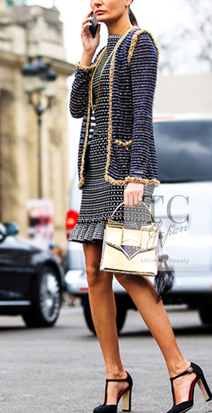 CHANEL 15C Navy Gold Metallic Pearl Trim Cardigan & Vest 38 シャネル ネイビー ゴールド メタリック パール トリミング カーディガン & ベスト 即発