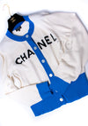 CHANEL 19S Ivory Blue Line Logo Cashmere Knit Cardigan 42 シャネル アイボリー ブルー バイカラー ロゴ カシミヤ 100% ニット カーディガン 即発
