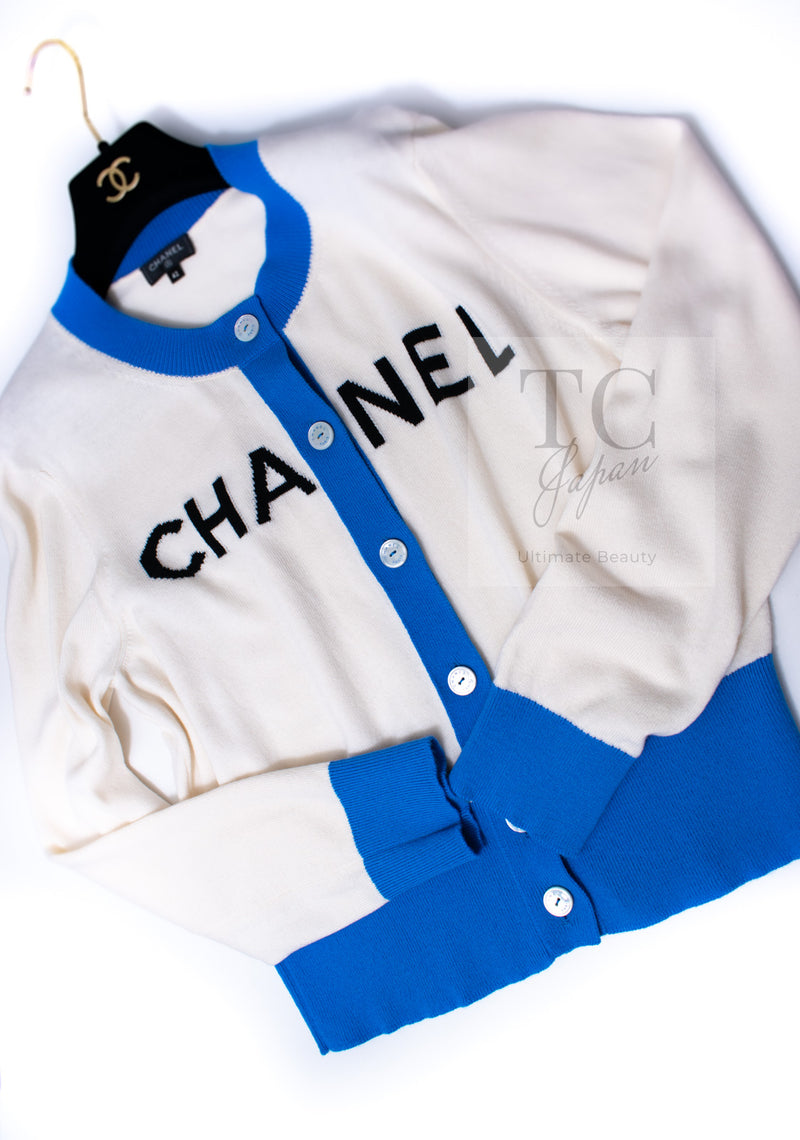 CHANEL 19S Ivory Blue Line Logo Cashmere Knit Cardigan 42 シャネル アイボリー ブルー バイカラー ロゴ カシミヤ 100% ニット カーディガン 即発