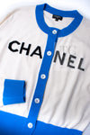 CHANEL 19S Ivory Blue Line Logo Cashmere Knit Cardigan 42 シャネル アイボリー ブルー バイカラー ロゴ カシミヤ 100% ニット カーディガン 即発