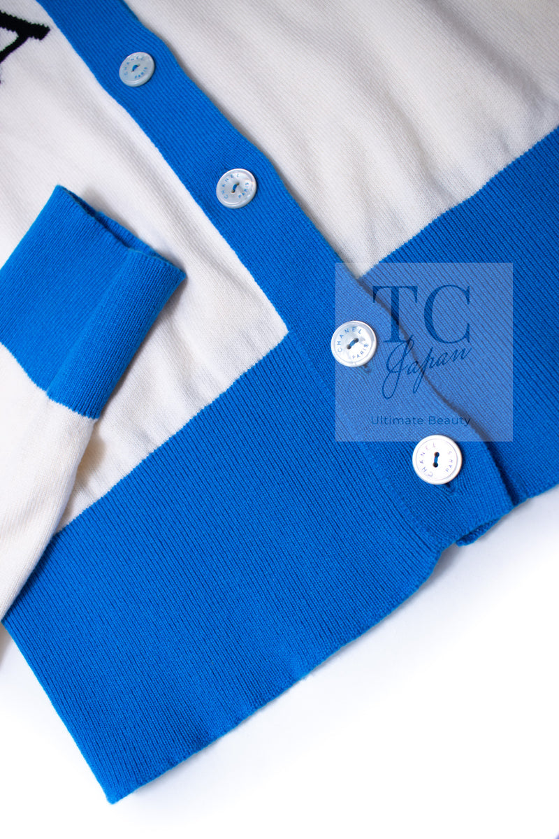 CHANEL 19S Ivory Blue Line Logo Cashmere Knit Cardigan 42 シャネル アイボリー ブルー バイカラー ロゴ カシミヤ 100% ニット カーディガン 即発