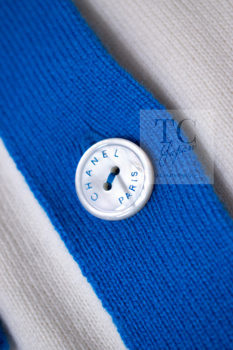 CHANEL 19S Ivory Blue Line Logo Cashmere Knit Cardigan 42 シャネル アイボリー ブルー バイカラー ロゴ カシミヤ 100% ニット カーディガン 即発