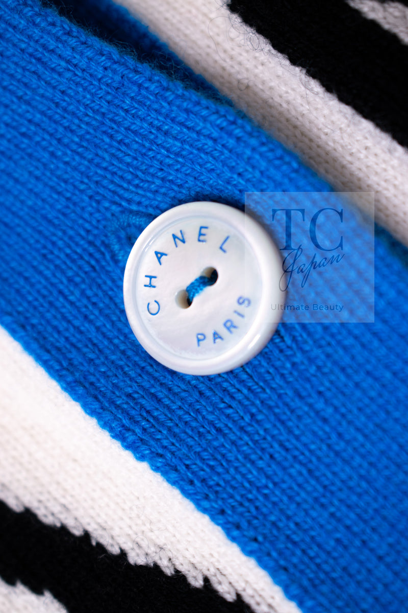 CHANEL 19S Ivory Blue Line Logo Cashmere Knit Cardigan 42 シャネル アイボリー ブルー バイカラー ロゴ カシミヤ 100% ニット カーディガン 即発