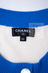 CHANEL 19S Ivory Blue Line Logo Cashmere Knit Cardigan 42 シャネル アイボリー ブルー バイカラー ロゴ カシミヤ 100% ニット カーディガン 即発