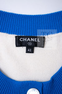 CHANEL 19S Ivory Blue Line Logo Cashmere Knit Cardigan 42 シャネル アイボリー ブルー バイカラー ロゴ カシミヤ 100% ニット カーディガン 即発