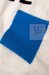 CHANEL 19S Ivory Blue Line Logo Cashmere Knit Cardigan 42 シャネル アイボリー ブルー バイカラー ロゴ カシミヤ 100% ニット カーディガン 即発