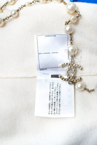 CHANEL 19S Ivory Blue Line Logo Cashmere Knit Cardigan 42 シャネル アイボリー ブルー バイカラー ロゴ カシミヤ 100% ニット カーディガン 即発