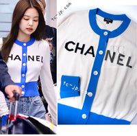 CHANEL 19S Ivory Blue Line Logo Cashmere Knit Cardigan 42 シャネル アイボリー ブルー バイカラー ロゴ カシミヤ 100% ニット カーディガン 即発